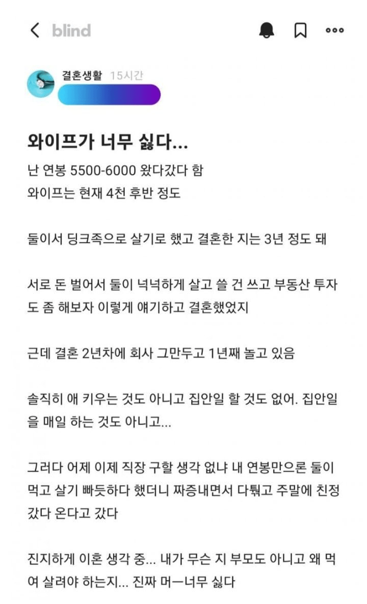 와이프가 너무 싫다는 남자